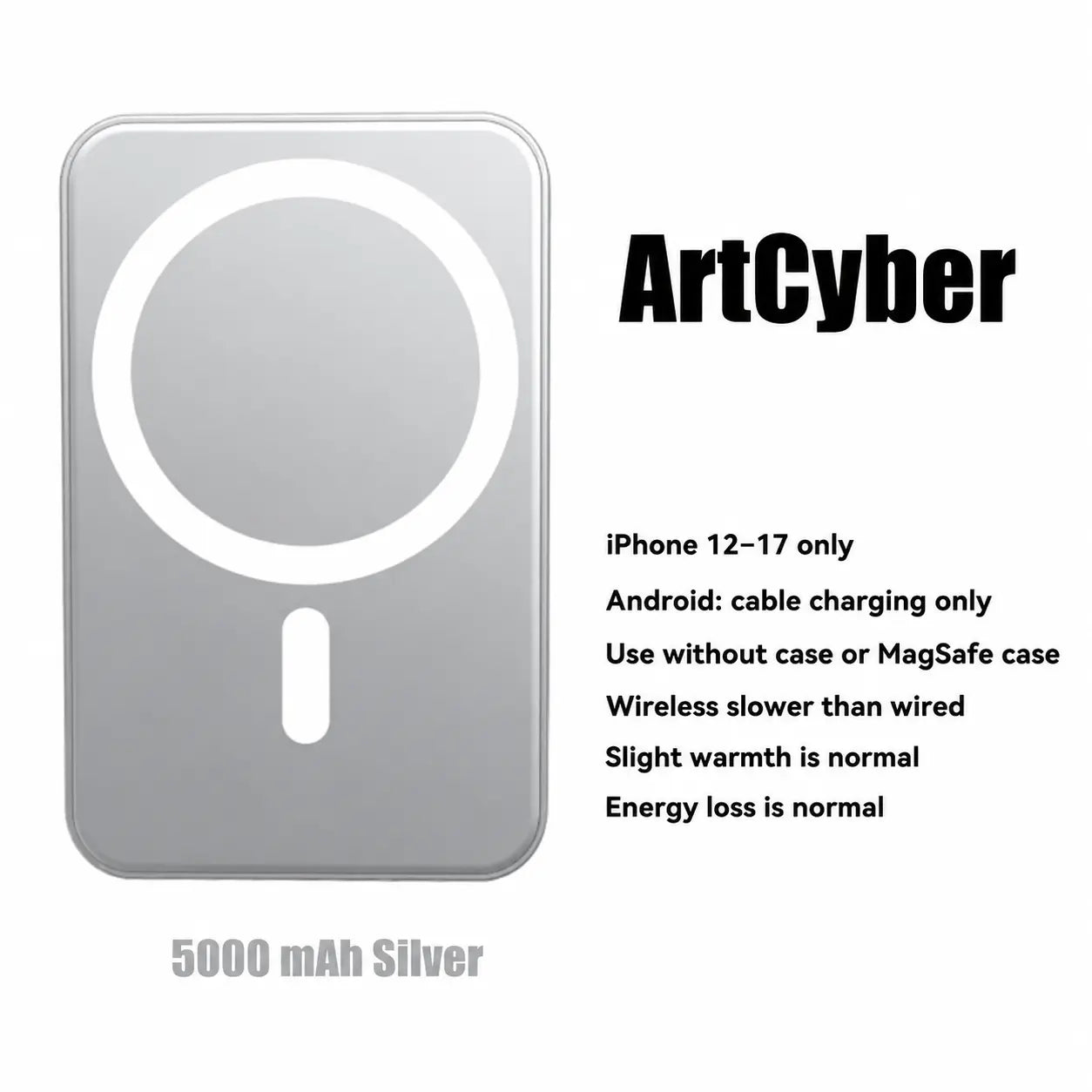 5000Mah Portable Wireless Power Bank, Compact Magnetic Portable Charger with USB-C Charging Support, Includes Magnetic Ring for Compatible Devices, Lightweight Battery Pack for Daily Travel Use