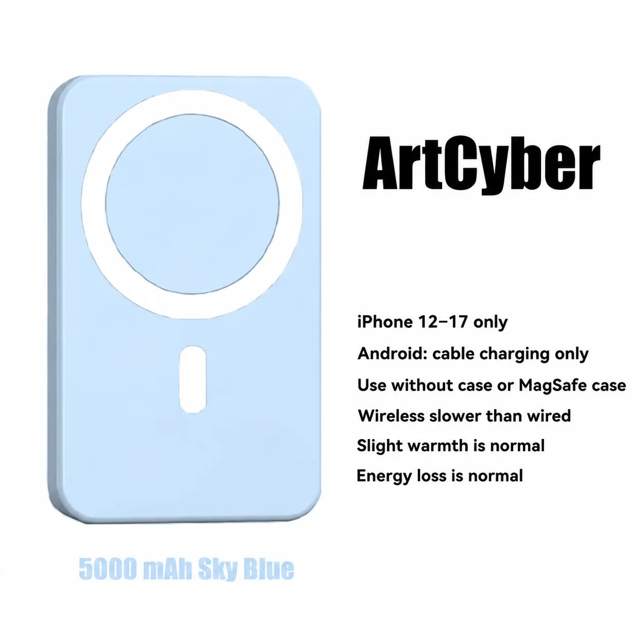 5000Mah Portable Wireless Power Bank, Compact Magnetic Portable Charger with USB-C Charging Support, Includes Magnetic Ring for Compatible Devices, Lightweight Battery Pack for Daily Travel Use