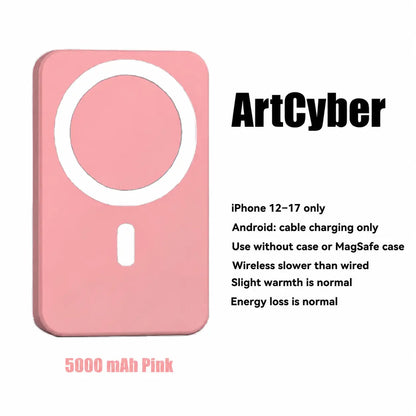 5000Mah Portable Wireless Power Bank, Compact Magnetic Portable Charger with USB-C Charging Support, Includes Magnetic Ring for Compatible Devices, Lightweight Battery Pack for Daily Travel Use