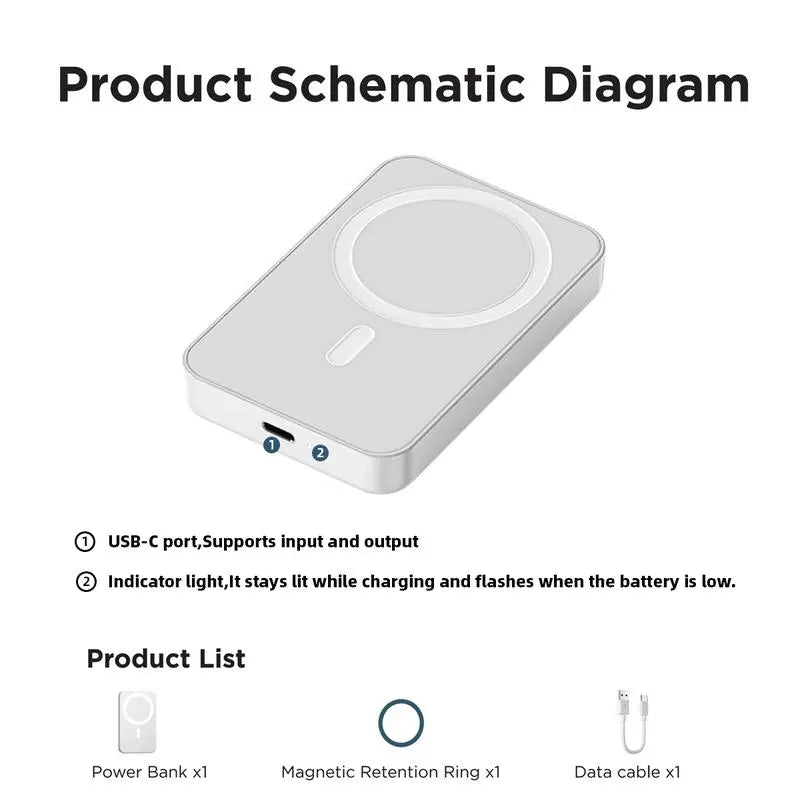 5000Mah Portable Wireless Power Bank, Compact Magnetic Portable Charger with USB-C Charging Support, Includes Magnetic Ring for Compatible Devices, Lightweight Battery Pack for Daily Travel Use