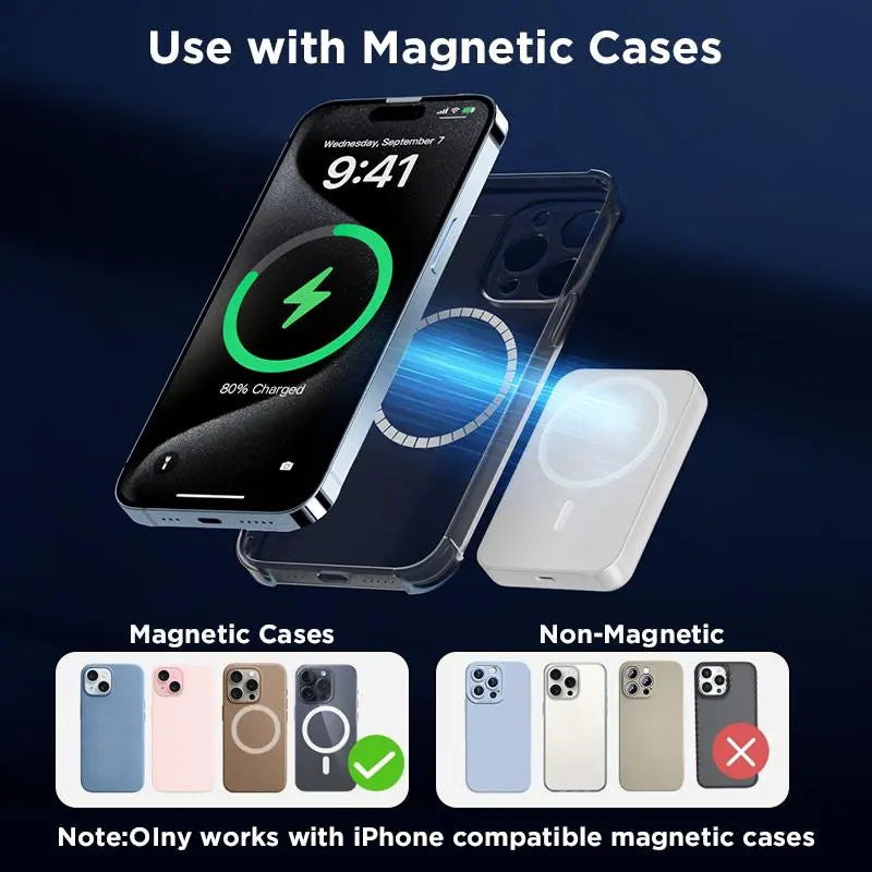 5000Mah Portable Wireless Power Bank, Compact Magnetic Portable Charger with USB-C Charging Support, Includes Magnetic Ring for Compatible Devices, Lightweight Battery Pack for Daily Travel Use