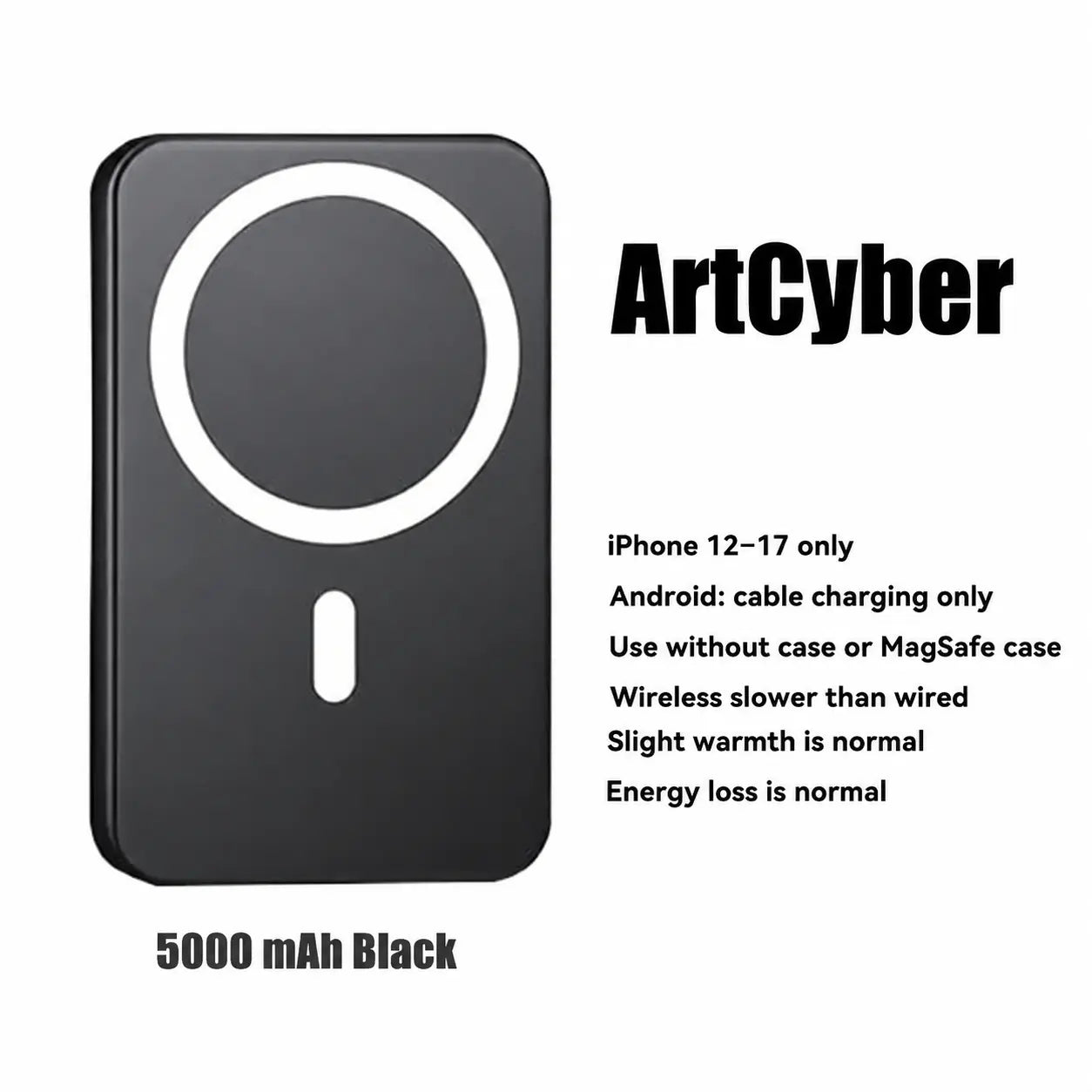 5000Mah Portable Wireless Power Bank, Compact Magnetic Portable Charger with USB-C Charging Support, Includes Magnetic Ring for Compatible Devices, Lightweight Battery Pack for Daily Travel Use
