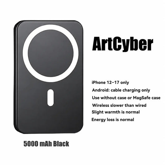 5000Mah Portable Wireless Power Bank, Compact Magnetic Portable Charger with USB-C Charging Support, Includes Magnetic Ring for Compatible Devices, Lightweight Battery Pack for Daily Travel Use